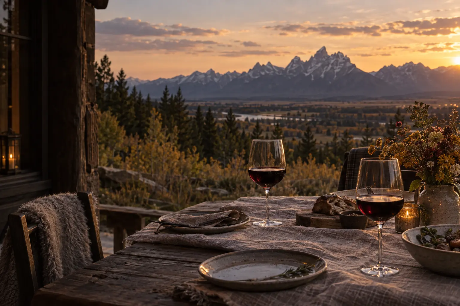 Wine glasses set for dinner against the Teton Range in Jackson Hole