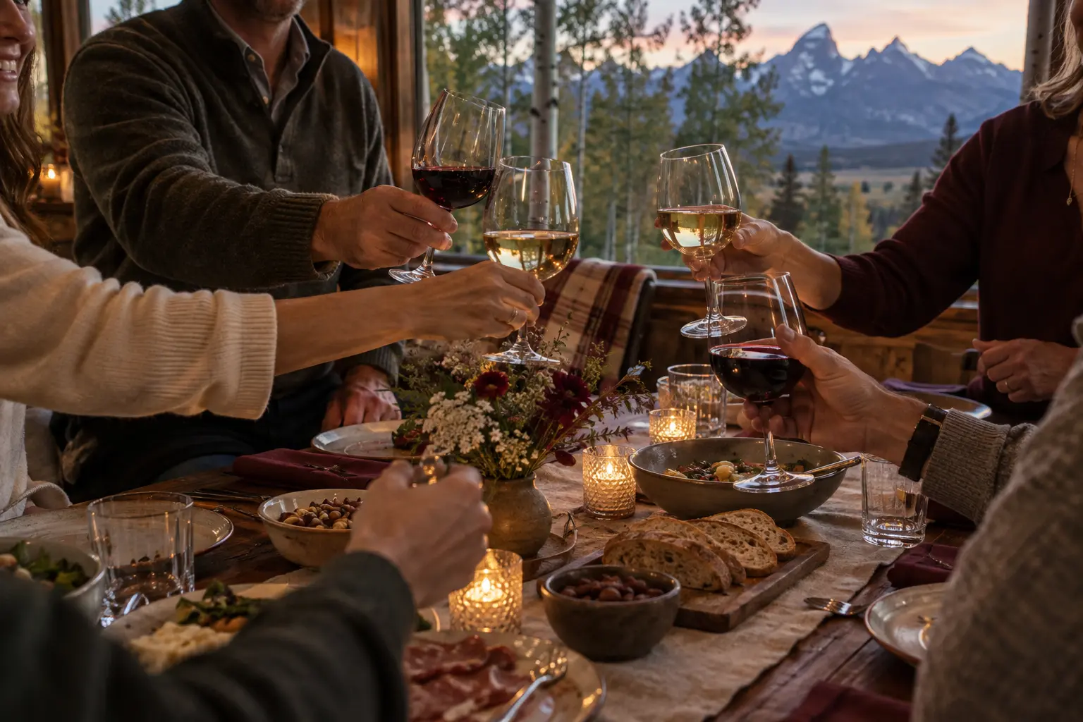 Friends gathered for dinner and wine with the Tetons beyond