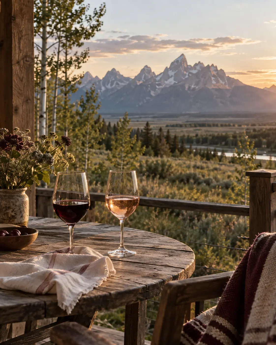 Evening light over the Teton Range from a Jackson Hole table